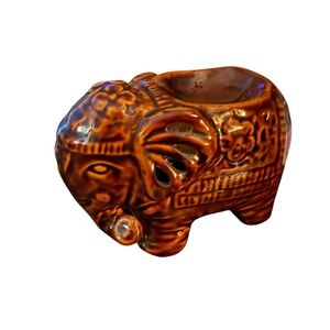 Vintage Ceramic Elephant Tealight Candle Oil Warmer | Brown Drip Glaze